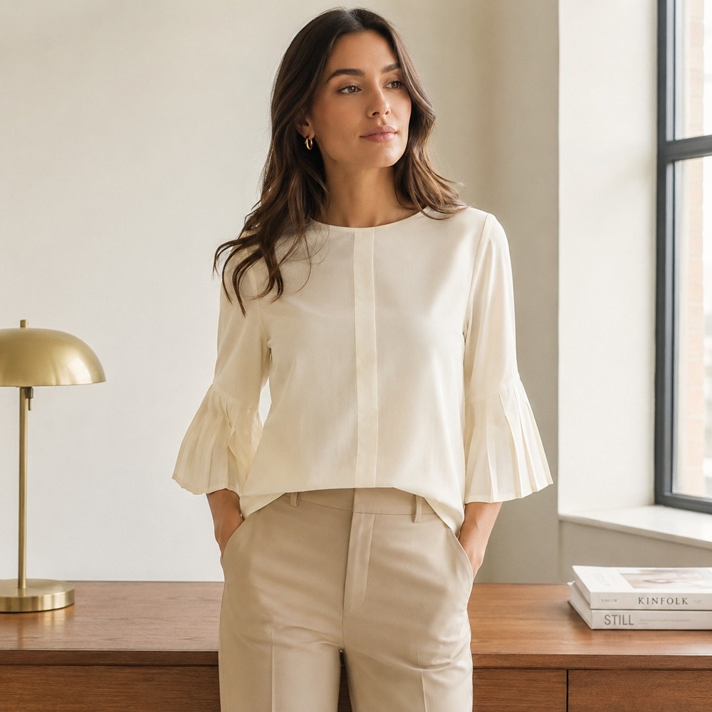 ANTONIO MELANI Womens Ivory Cream Pleated Bell Sleeve Blouse Top L Boho Cottage